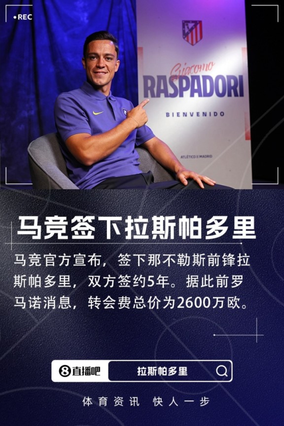第9签！官方：马竞签下那不勒斯前锋拉斯帕多里，转会费2600万欧
