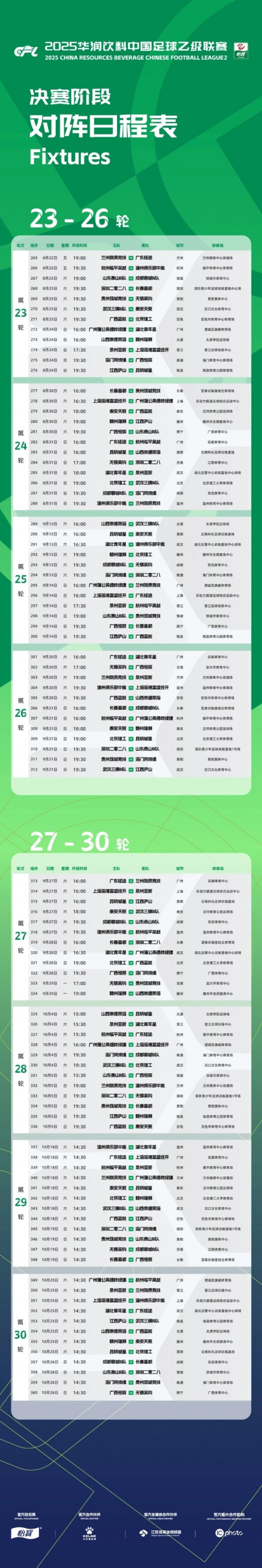 中乙联赛决赛阶段:8队争冠组、16队保级组,8月22日至10月26日 中乙联赛决赛阶段:8队争冠组、16队保级组,8月22日至10月26日