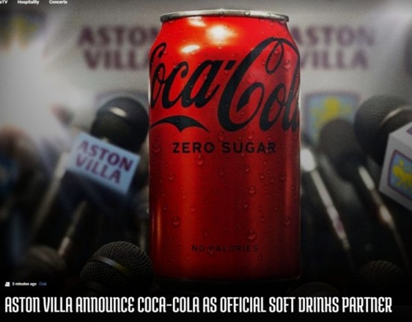 官方：阿斯顿维拉与可口可乐达成官方合作伙伴关系